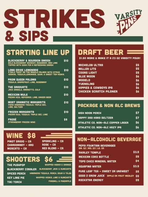 Preview of the Varsity Pins Strikes and Sips menu