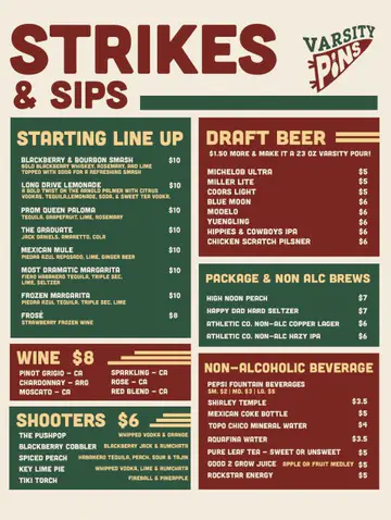 Preview of the Varsity Pins Strikes and Sips menu